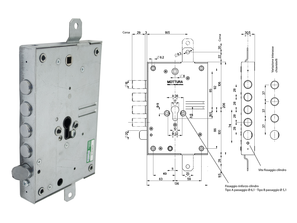 Serratura Infilare Porta Blindata Triplice Foro Yale per Cilindro Europeo Scrocco+Pistoni Entrata 60 mm.206x138x30,5 Ingranaggi Q  DX | Mottura - immagine 2